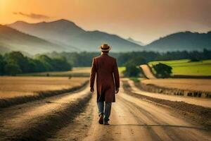 un hombre en un sombrero camina abajo un suciedad la carretera. generado por ai foto