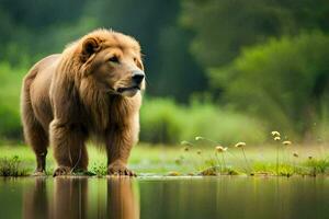 a lion standing in the water. AI-Generated photo