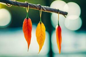 three colorful leaves hang from a branch. AI-Generated photo