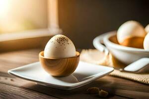 eggs in a cup on a wooden table. AI-Generated photo