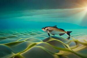 a fish swimming in the ocean with a sun in the background. AI-Generated photo