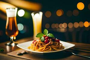 un plato de pasta con tomate salsa y un vaso de cerveza. generado por ai foto