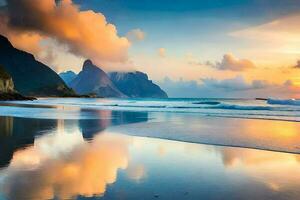 a beautiful sunset on a beach with mountains in the background. AI-Generated photo