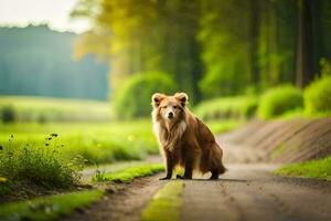 a dog is standing on a road in the middle of a field. AI-Generated photo