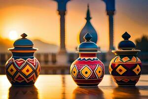 three colorful vases are on a table in front of a sunset. AI-Generated photo