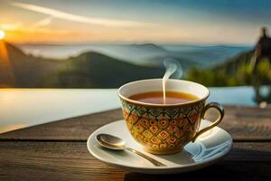 a cup of tea on a table in front of a beautiful view. AI-Generated photo
