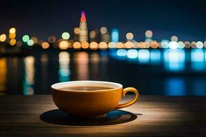 a cup of coffee on a table in front of a city skyline. AI-Generated photo