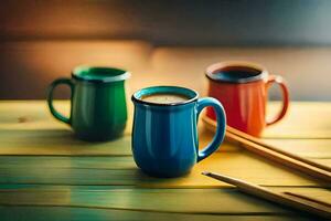 three colorful coffee cups and a wooden table. AI-Generated photo