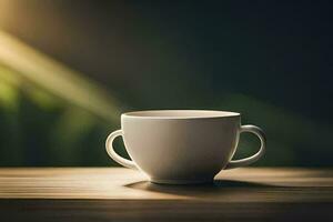 a white cup sitting on a wooden table. AI-Generated photo