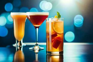three different cocktails on a table with a bright background. AI-Generated photo