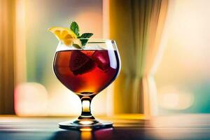 a glass of red wine with a slice of lemon. AI-Generated photo