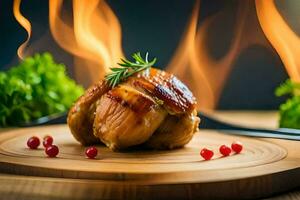 a piece of chicken on a wooden cutting board with fire. AI-Generated photo