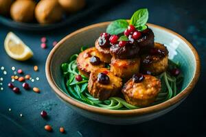 a bowl of noodles with meatballs and spinach. AI-Generated photo