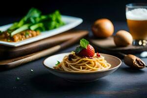 spaghetti with a strawberry and a glass of milk. AI-Generated photo