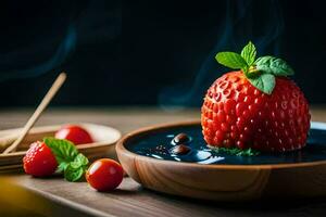 a strawberry on a plate with smoke and a bowl of strawberries. AI-Generated photo