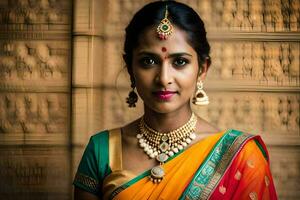 a beautiful indian woman wearing a colorful sari. AI-Generated photo