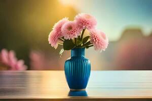 pink flowers in a blue vase on a table. AI-Generated photo