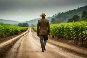 a man in a suit walks down a dirt road in front of a field of corn. AI-Generated photo