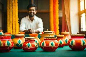 a man is sitting in front of a table with many colorful pots. AI-Generated photo