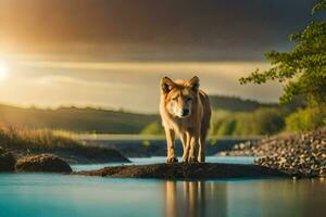 photo wallpaper the sun, water, river, wolf, sunset, the animal, nature, wolf. AI-Generated