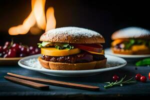 two hamburgers with cheese and vegetables on a plate. AI-Generated photo