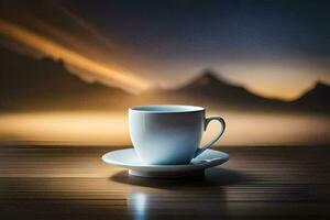 a cup of coffee on a table in front of mountains. AI-Generated photo