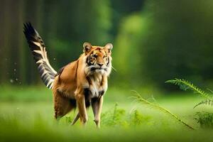 a tiger walking through a lush green field. AI-Generated photo