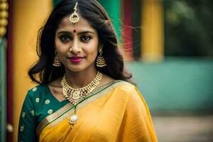 a beautiful woman in a yellow sari. AI-Generated photo