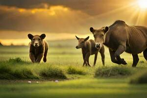 a family of wild boar running across a field. AI-Generated photo