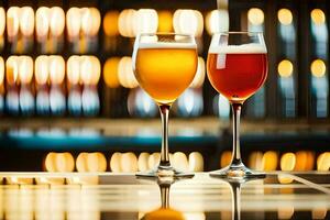 two glasses of beer on a table in front of a bar. AI-Generated photo