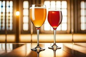 two glasses of wine on a table. AI-Generated photo