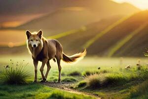 a wolf is walking on a grassy field at sunset. AI-Generated photo