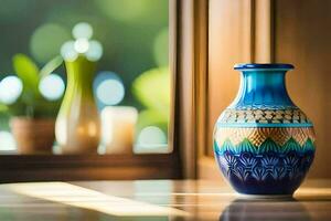 a blue vase sitting on a table in front of a window. AI-Generated photo