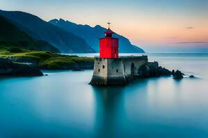 a red lighthouse sits on a rocky outcrop at sunset. AI-Generated photo