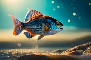 un pescado nadando en el Oceano con un brillante ligero. generado por ai foto