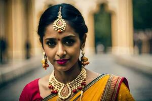 a beautiful indian woman wearing a traditional sari. AI-Generated photo