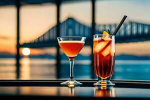 two cocktails sit on a table in front of a bridge. AI-Generated photo