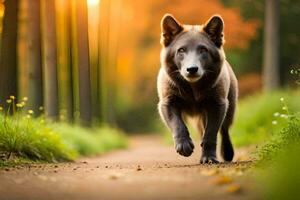 un lobo es caminando abajo un camino en el bosque. generado por ai foto