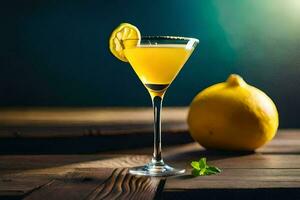 a cocktail with lemon and a lemon on a wooden table. AI-Generated photo