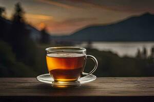 a cup of tea on a wooden table in front of a lake. AI-Generated photo