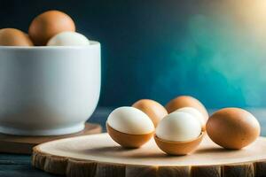 eggs in a cup on a wooden board. AI-Generated photo