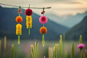 colorful flowers hanging from a wire in front of mountains. AI-Generated photo