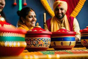 un Pareja en tradicional indio atuendo son sentado a un mesa con vistoso ollas. generado por ai foto