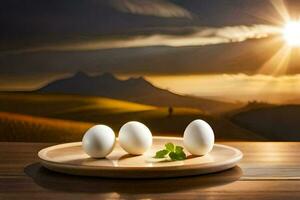 three eggs on a plate with a sunset in the background. AI-Generated photo