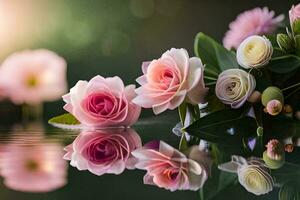 pink roses are reflected in water with green leaves. AI-Generated photo