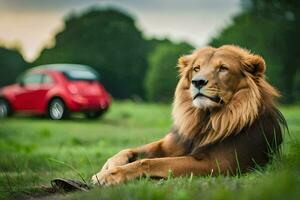 un león sentado en el césped siguiente a un rojo coche. generado por ai foto