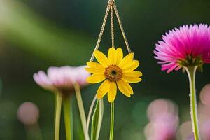 a yellow flower hanging from a string. AI-Generated photo