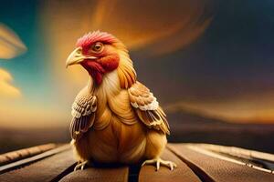 a chicken is sitting on a wooden bench. AI-Generated photo