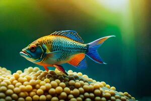 a fish is sitting on top of a bunch of white beads. AI-Generated photo