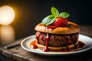 a hamburger with sauce and strawberries on a plate. AI-Generated photo